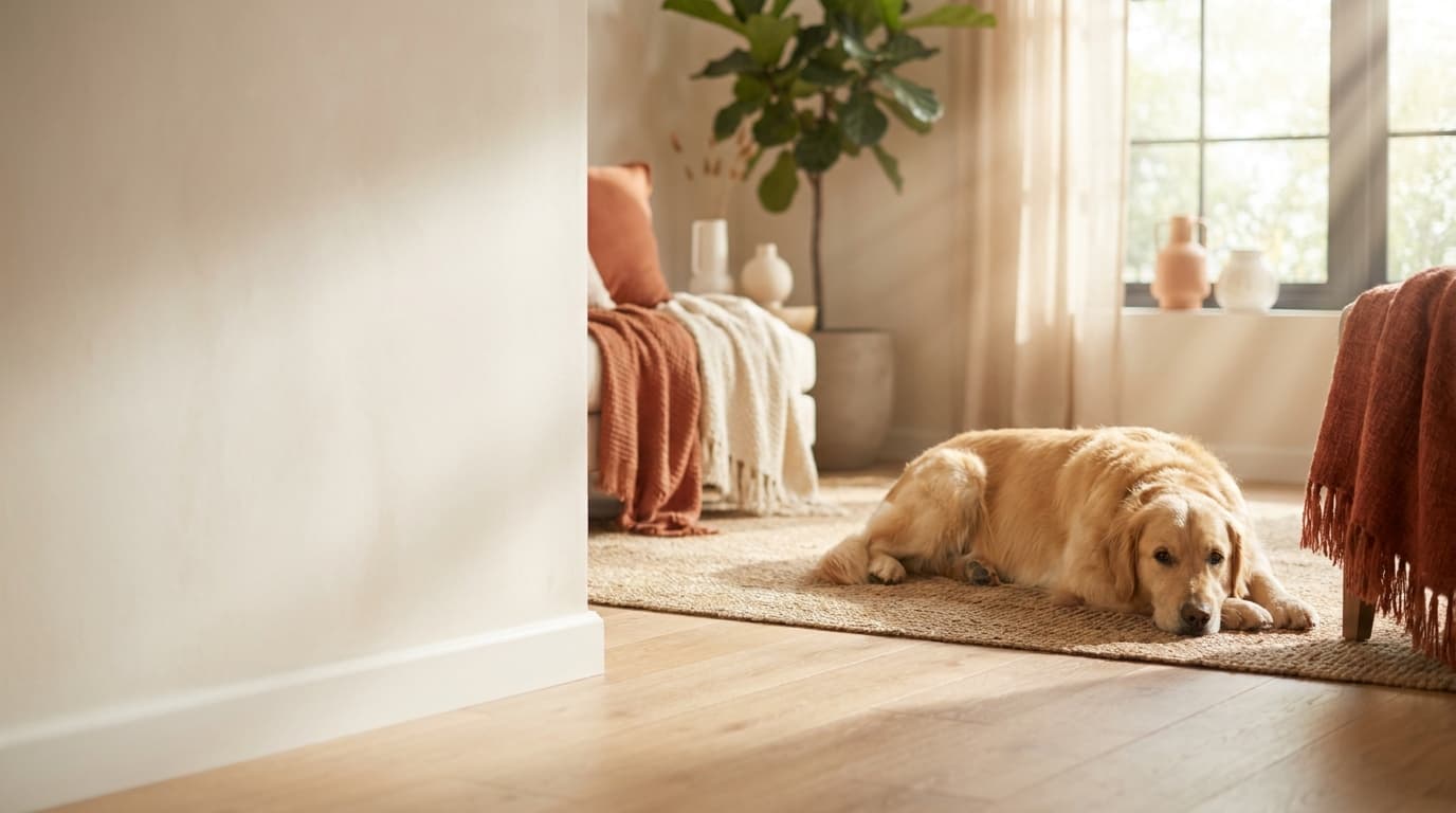 Cozy home interior with a resting dog, backdrop for the LazyPetFeeders smart feeder